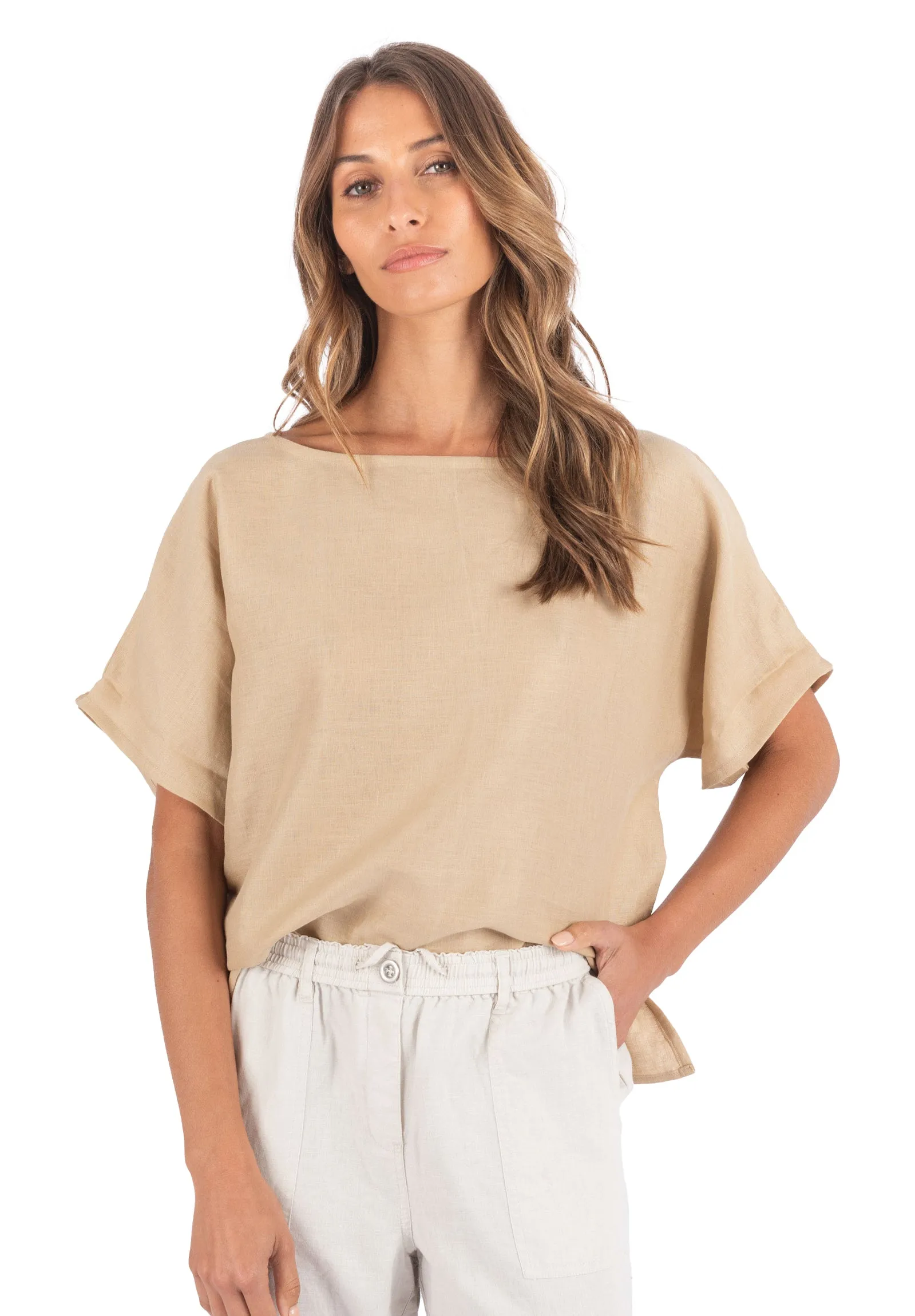 Kaori Caffe Latte Kimono Sleeve Linen Top