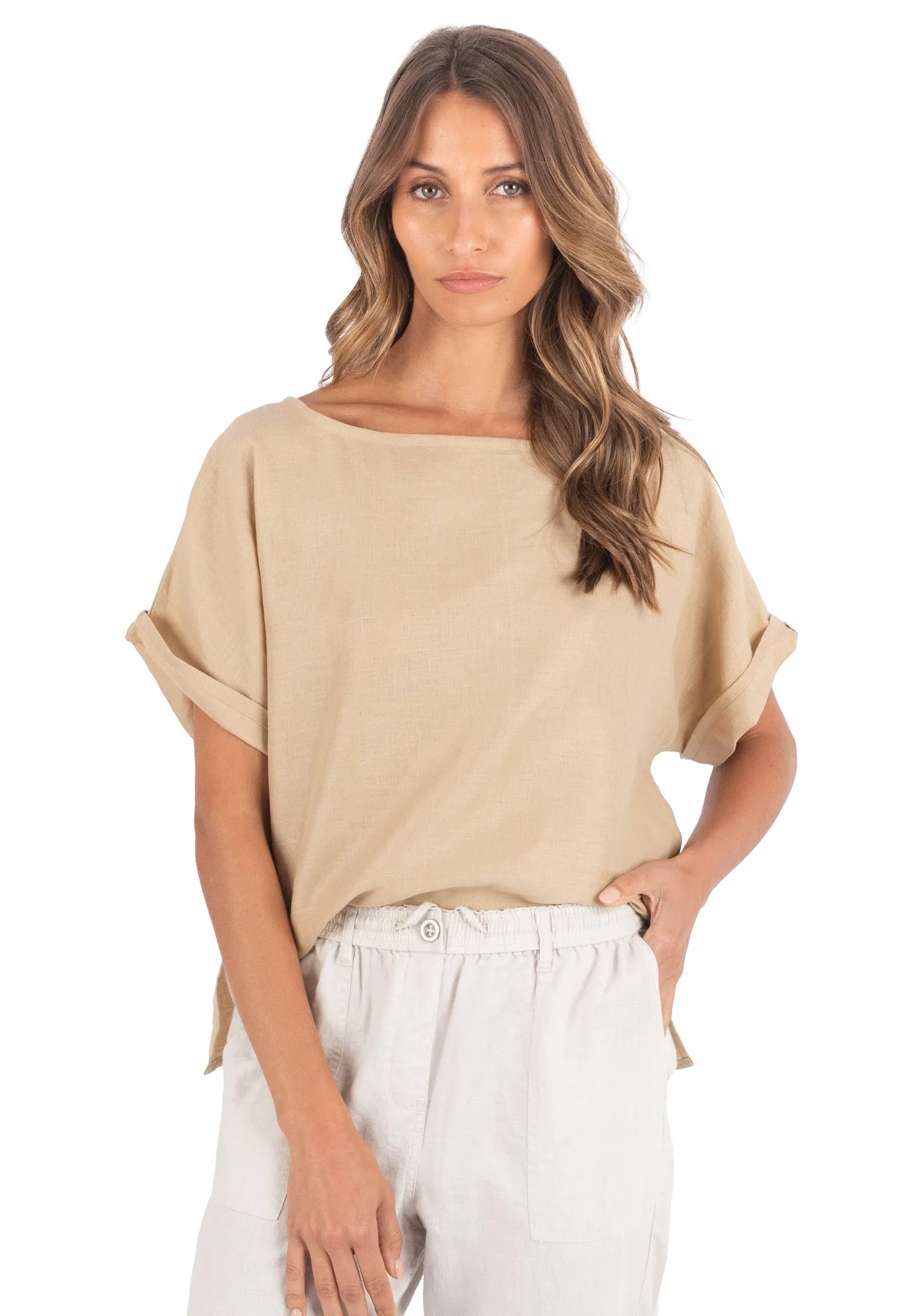 Kaori Caffe Latte Kimono Sleeve Linen Top