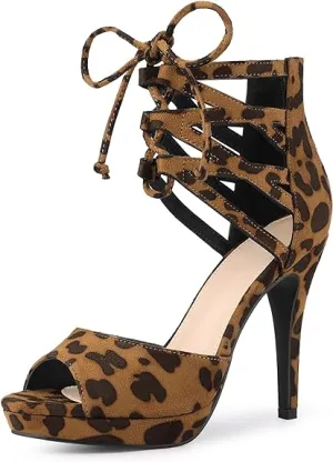 Leopard Gladiator Lace Up Open Toe Stiletto Heels