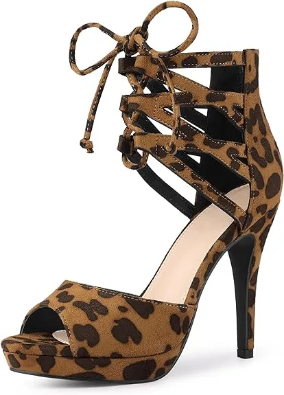 Leopard Gladiator Lace Up Open Toe Stiletto Heels