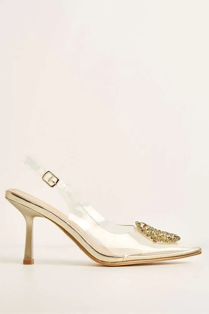 Lolya Diamante Brooch Detail Perspex Court Shoe Heels in Gold