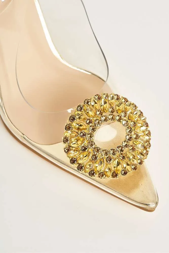 Lolya Diamante Brooch Detail Perspex Court Shoe Heels in Gold