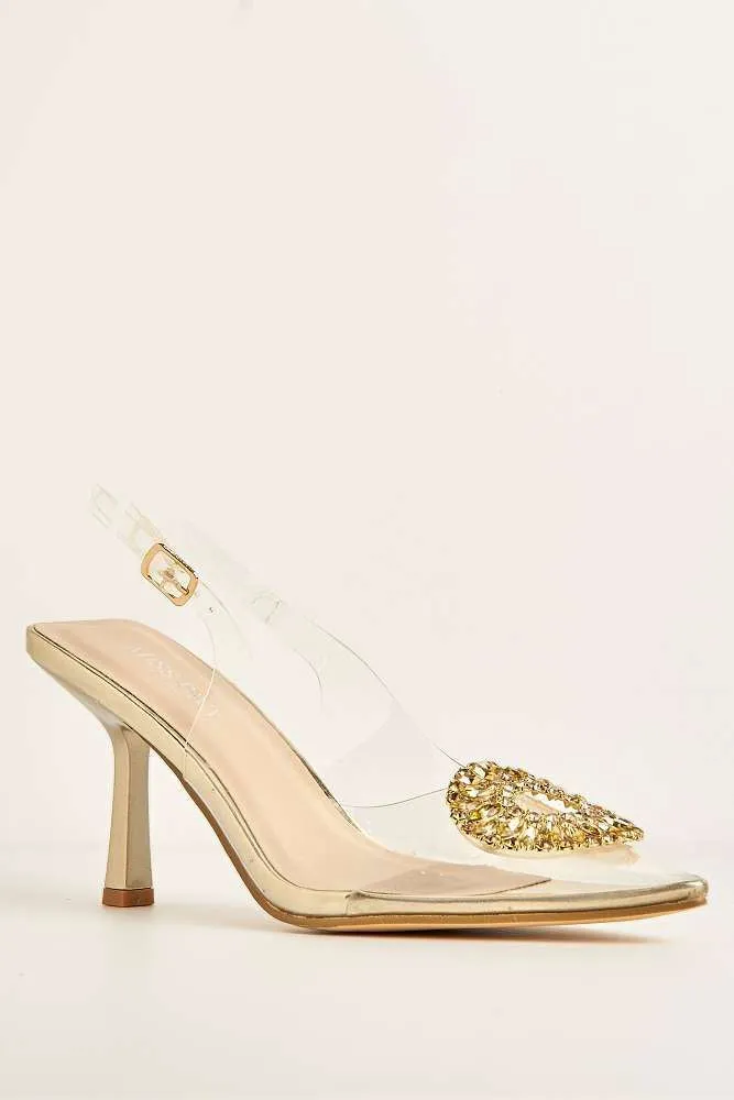 Lolya Diamante Brooch Detail Perspex Court Shoe Heels in Gold