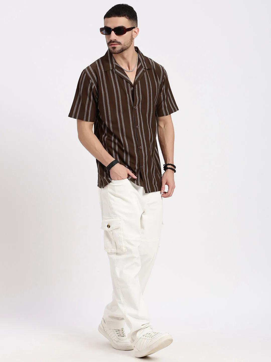 Men Brown Cuban Collar Striped Shirt