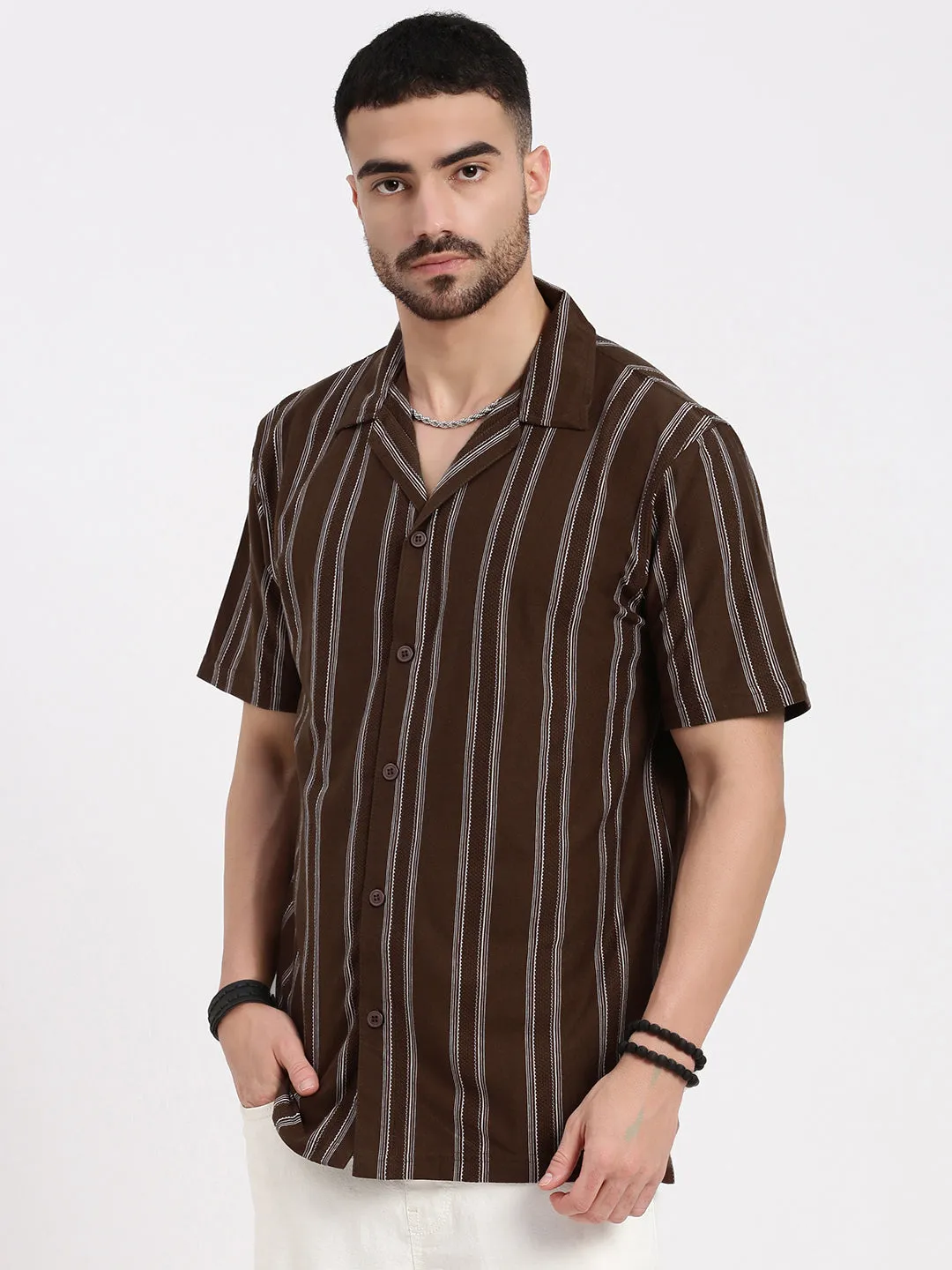 Men Brown Cuban Collar Striped Shirt