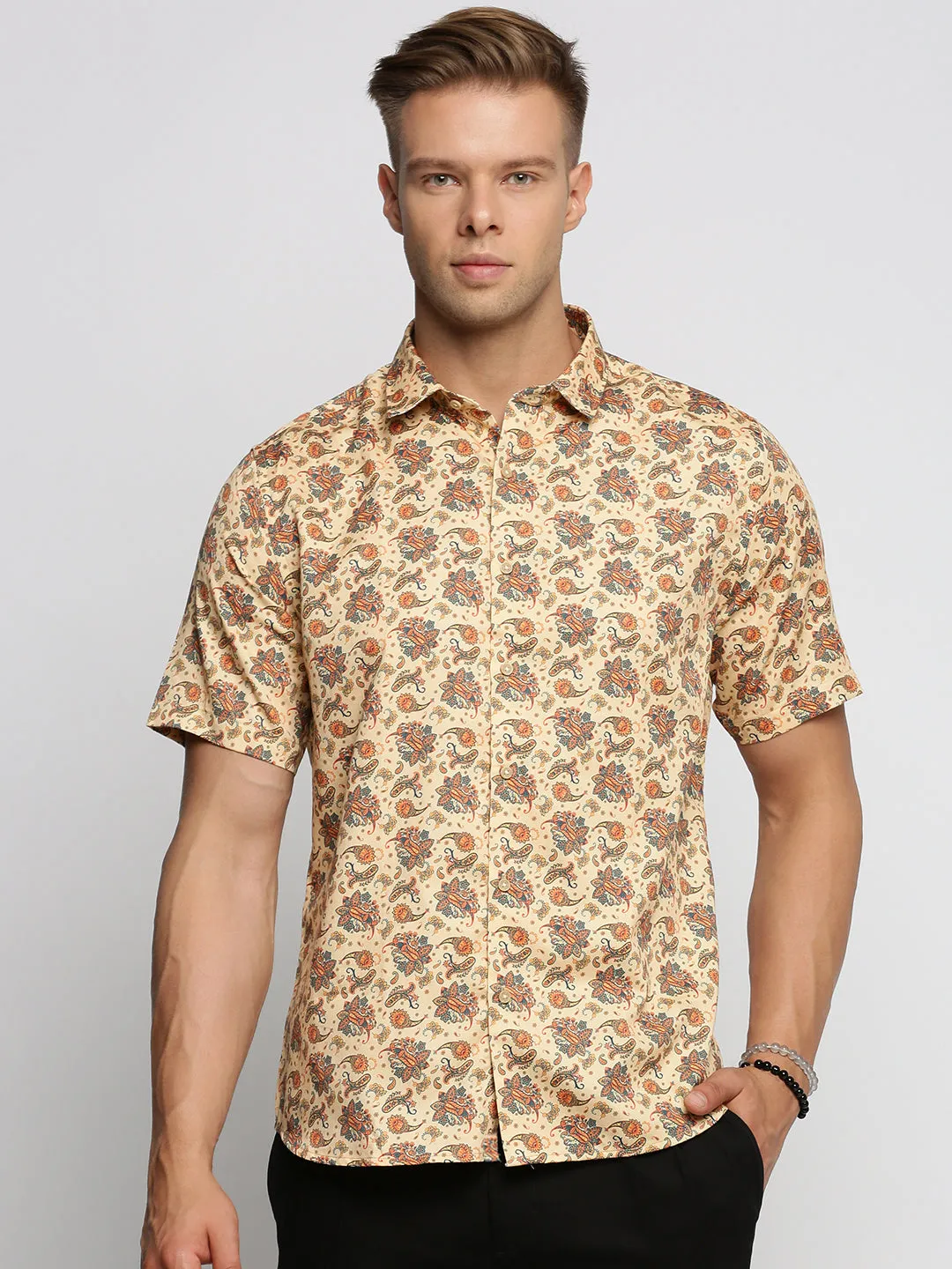 Men Cream Spread Collar Ethnic Motifs Shirt