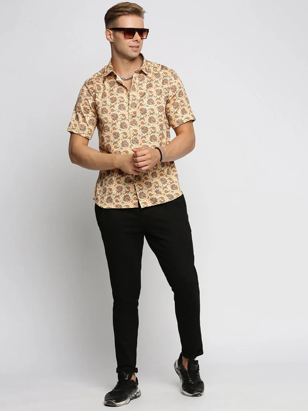 Men Cream Spread Collar Ethnic Motifs Shirt