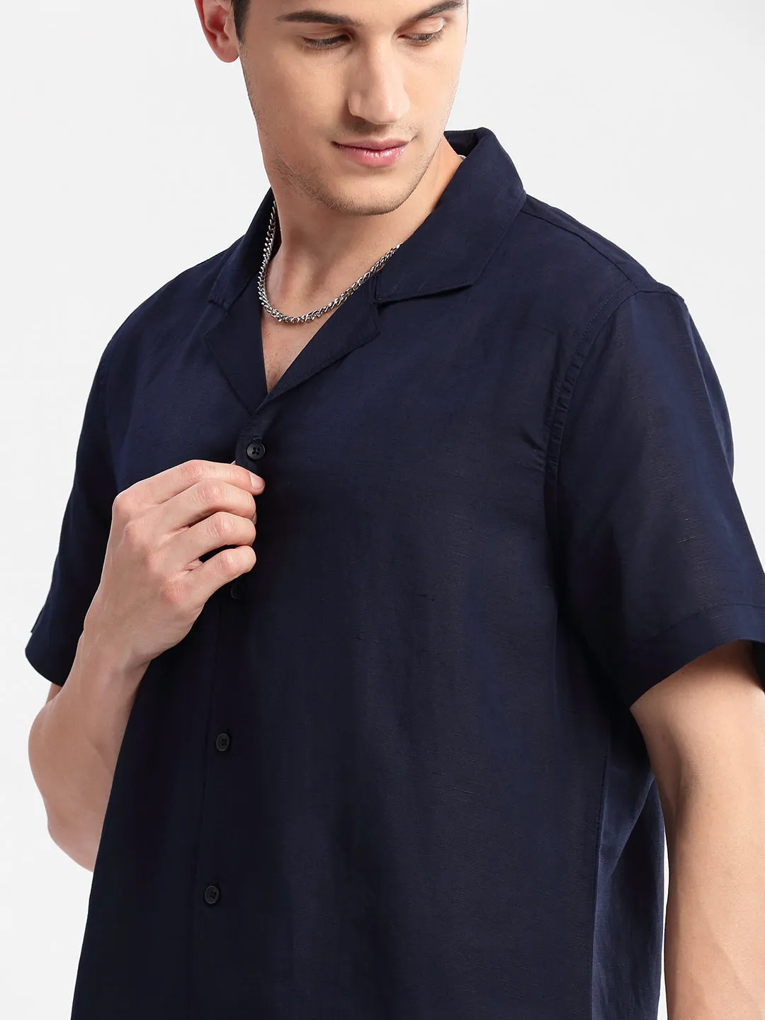 Men Cuban Collar Solid Navy Blue Casual Shirt