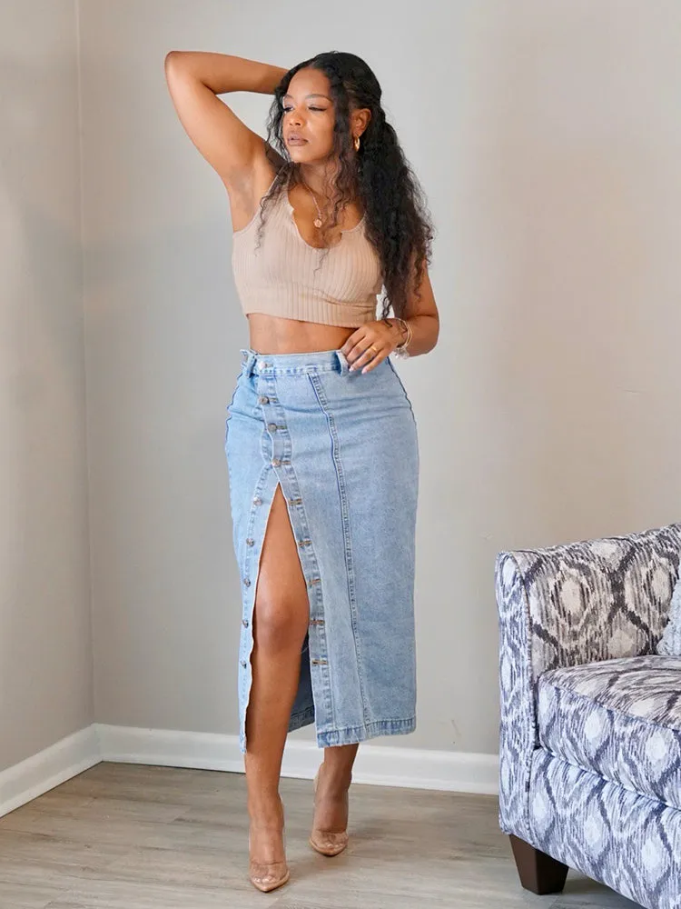 Multi-Button Denim Skirt