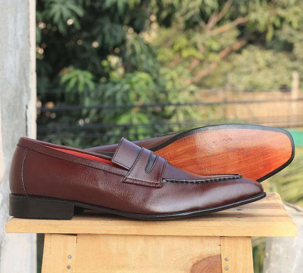 New Handmade Men's Burgundy Leather Penny Loafers, Men Dress Fashion Driving Shoes