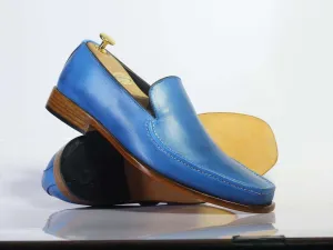 New Stylish Handmade Men's Plain Elegant Party Blue Leather Loafers, Men Designer Moccasin Shoes