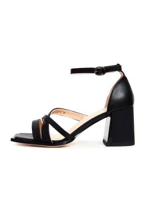 Open Toe Leather Block Heel Sandals - Black