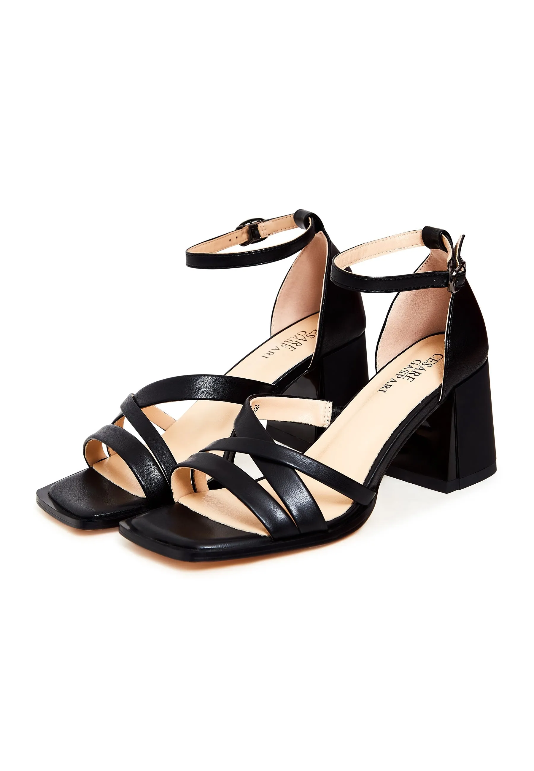 Open Toe Leather Block Heel Sandals - Black