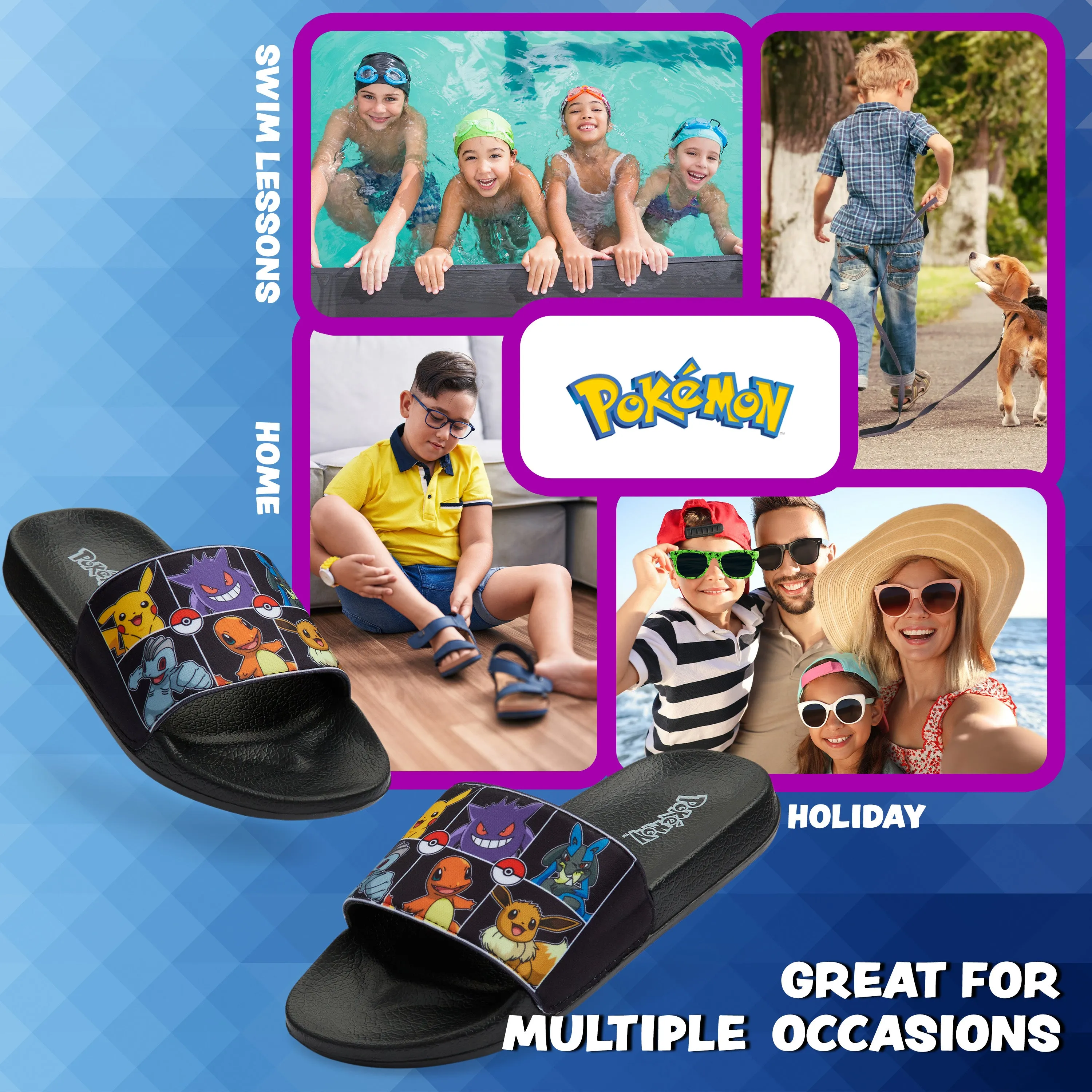 Pokemon Boys Sliders, Beach or Pool Shoes for Kids - Black/Multi