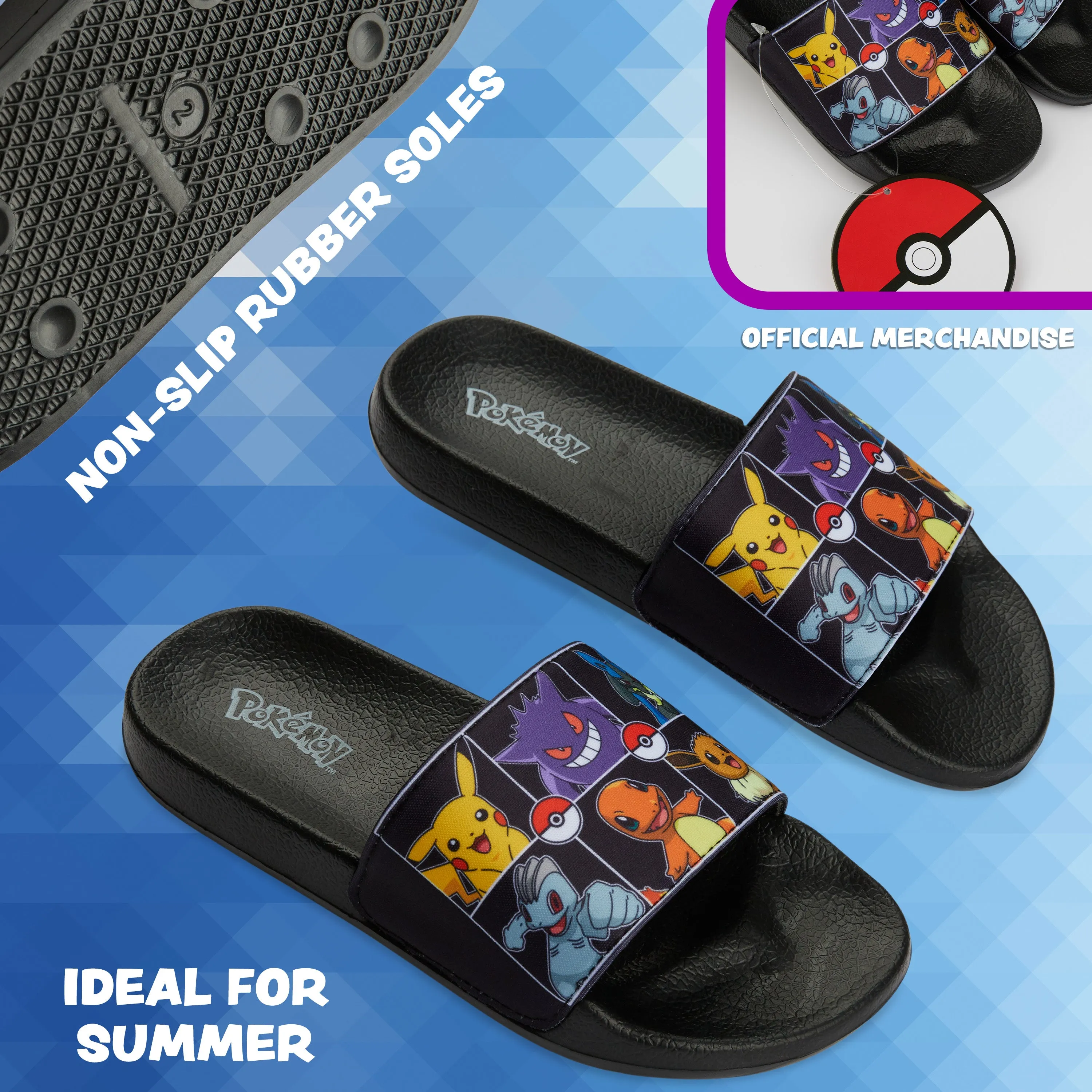 Pokemon Boys Sliders, Beach or Pool Shoes for Kids - Black/Multi