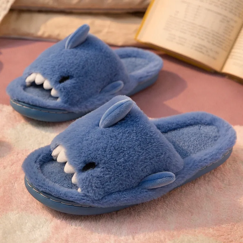 Purpdrank - Autumn And Winter Cartoon Shark Wool Slippers For Women Soft Home Men's Indoor Household Open Toe Plush Cotton Slippers