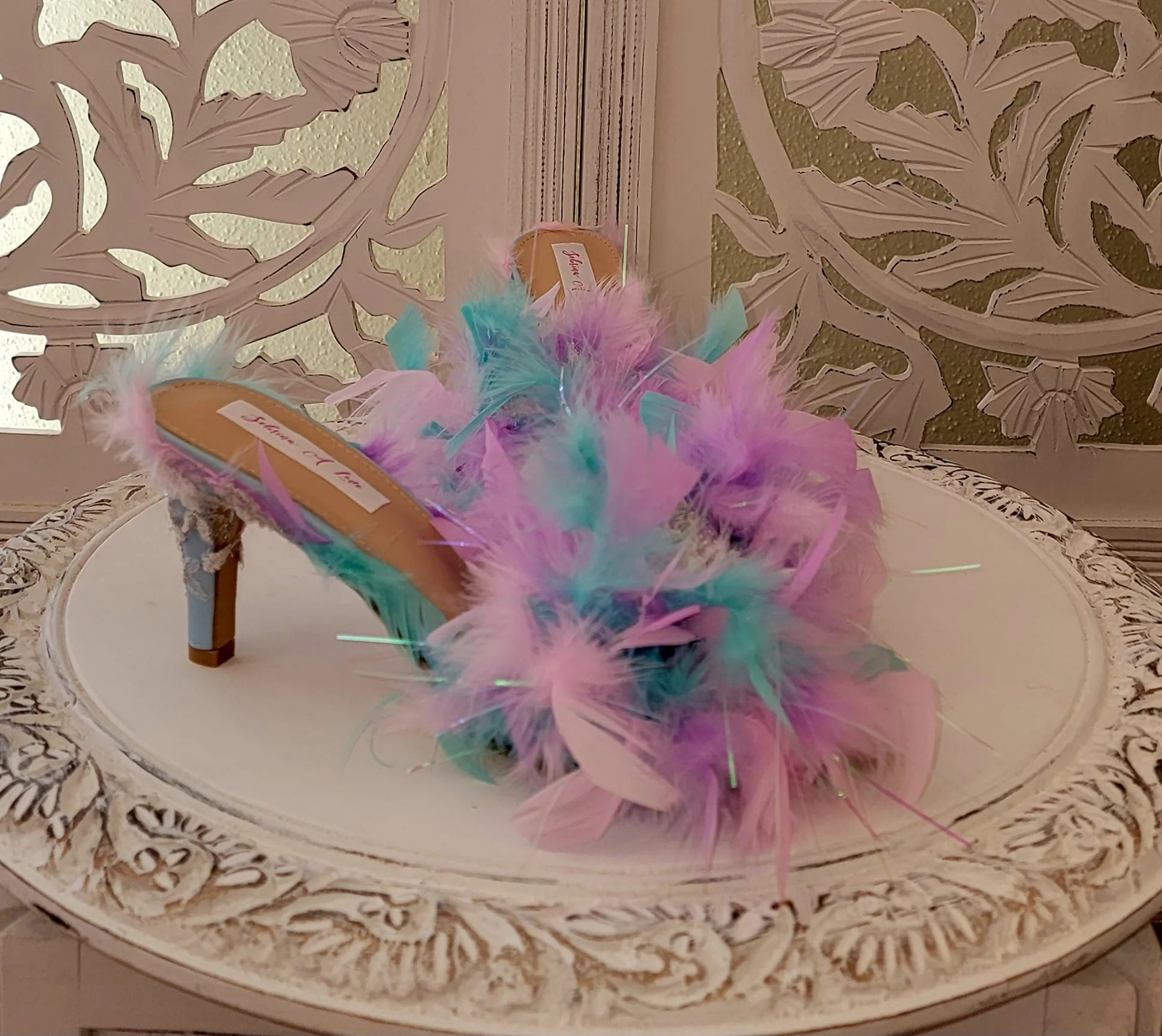 "WENNA" Ethereal Princess Watercolor Rainbow Feather Lace Heels