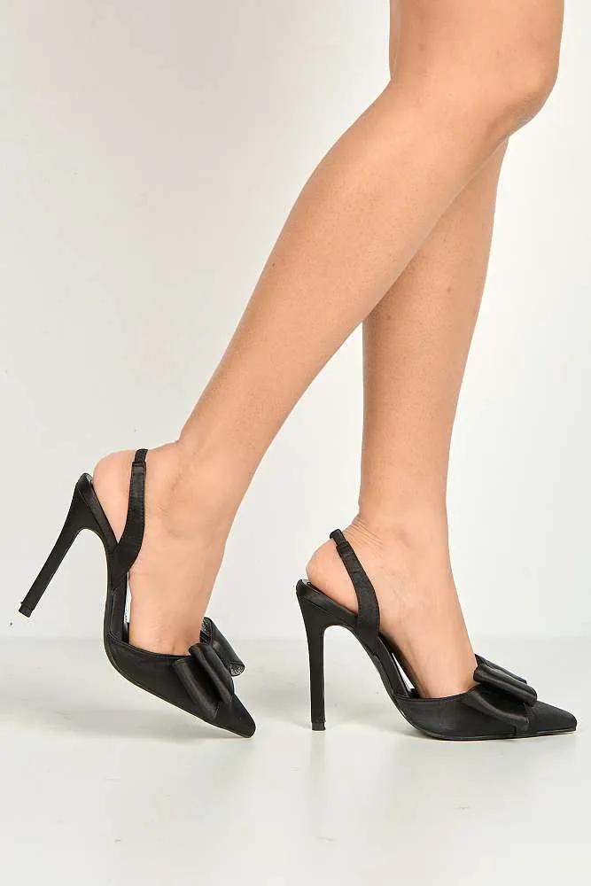 Salwa Pointy Toe Bow Slingback Court Shoes in Black Satin