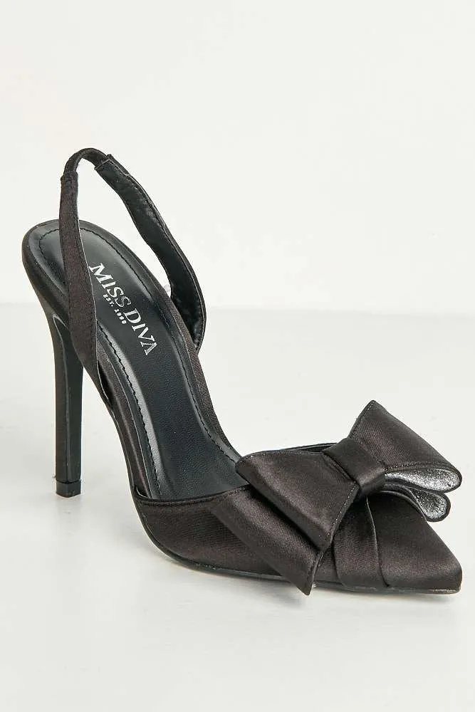 Salwa Pointy Toe Bow Slingback Court Shoes in Black Satin