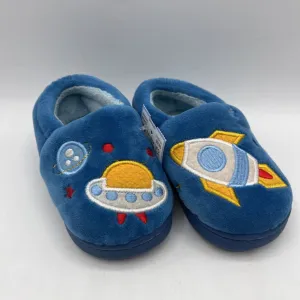 Size 3-4: Blue UFO & Rocketship Soft Slippers