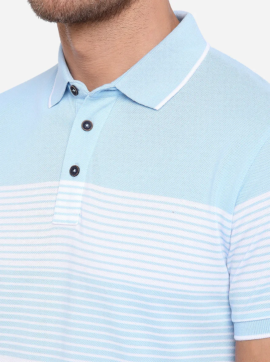 Sky Blue & White Striped Slim Fit Polo T-Shirt | JadeBlue