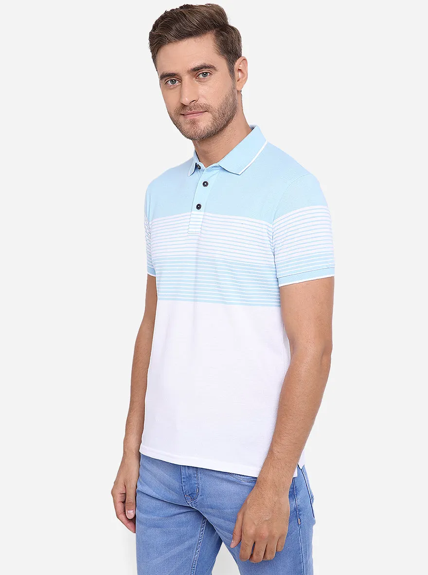 Sky Blue & White Striped Slim Fit Polo T-Shirt | JadeBlue