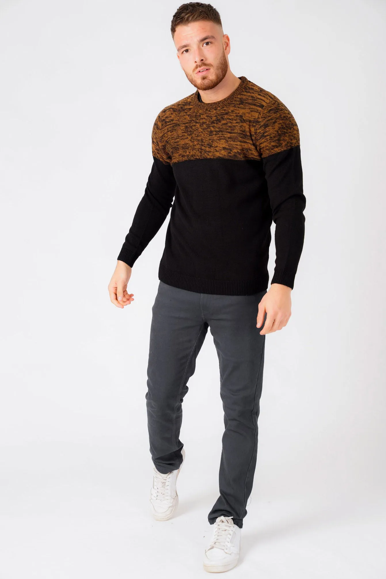 Squirrel Colour Block Knitted Jumper in Rubber Brown / Black Twist - Kensington Eastside