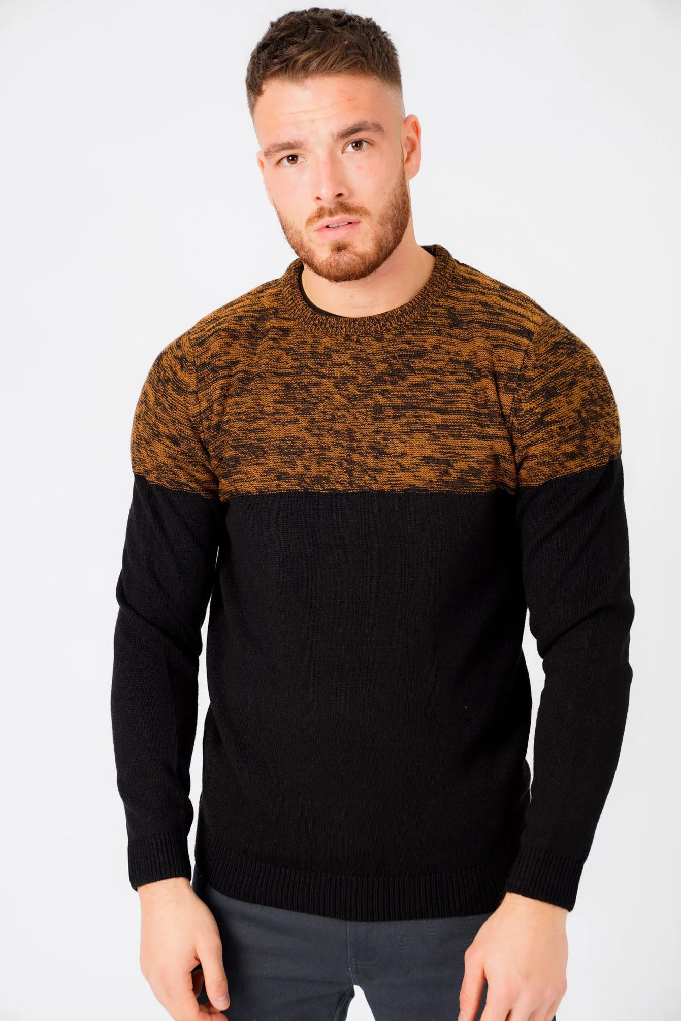 Squirrel Colour Block Knitted Jumper in Rubber Brown / Black Twist - Kensington Eastside