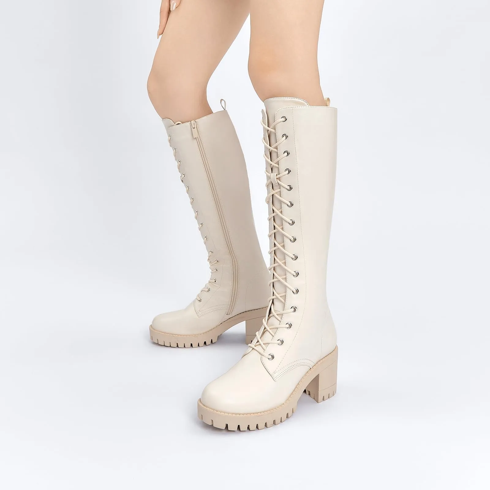 Stylish Creamy Beige Chunky Lace Up Knee High Boots