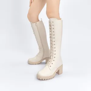 Stylish Creamy Beige Chunky Lace Up Knee High Boots