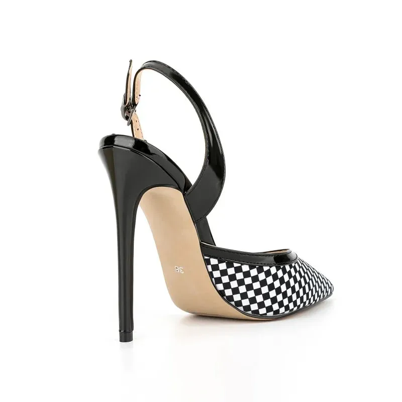 Trend4us Women's Chic Checkered Slingback Pointed Toe Heels