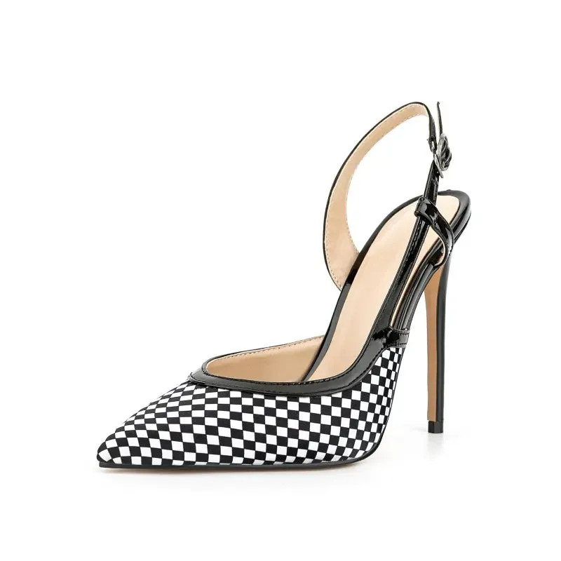 Trend4us Women's Chic Checkered Slingback Pointed Toe Heels