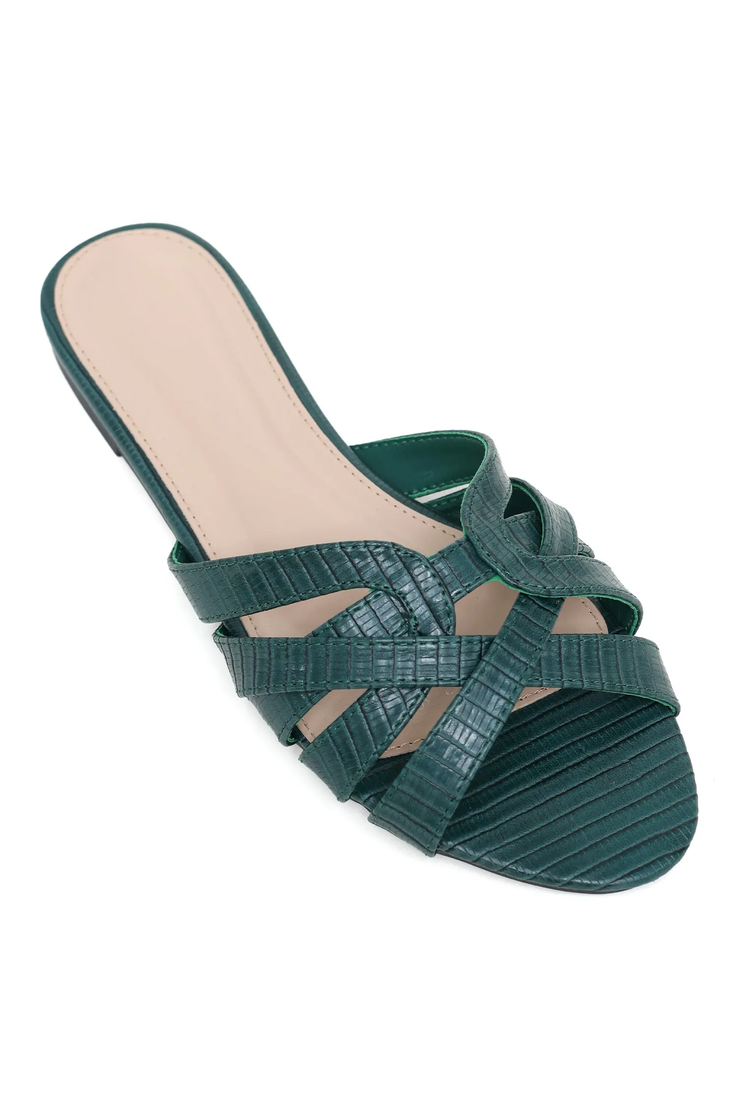 TRENDY TEXTURED CROSS-STRAP SLIDES-GREEN