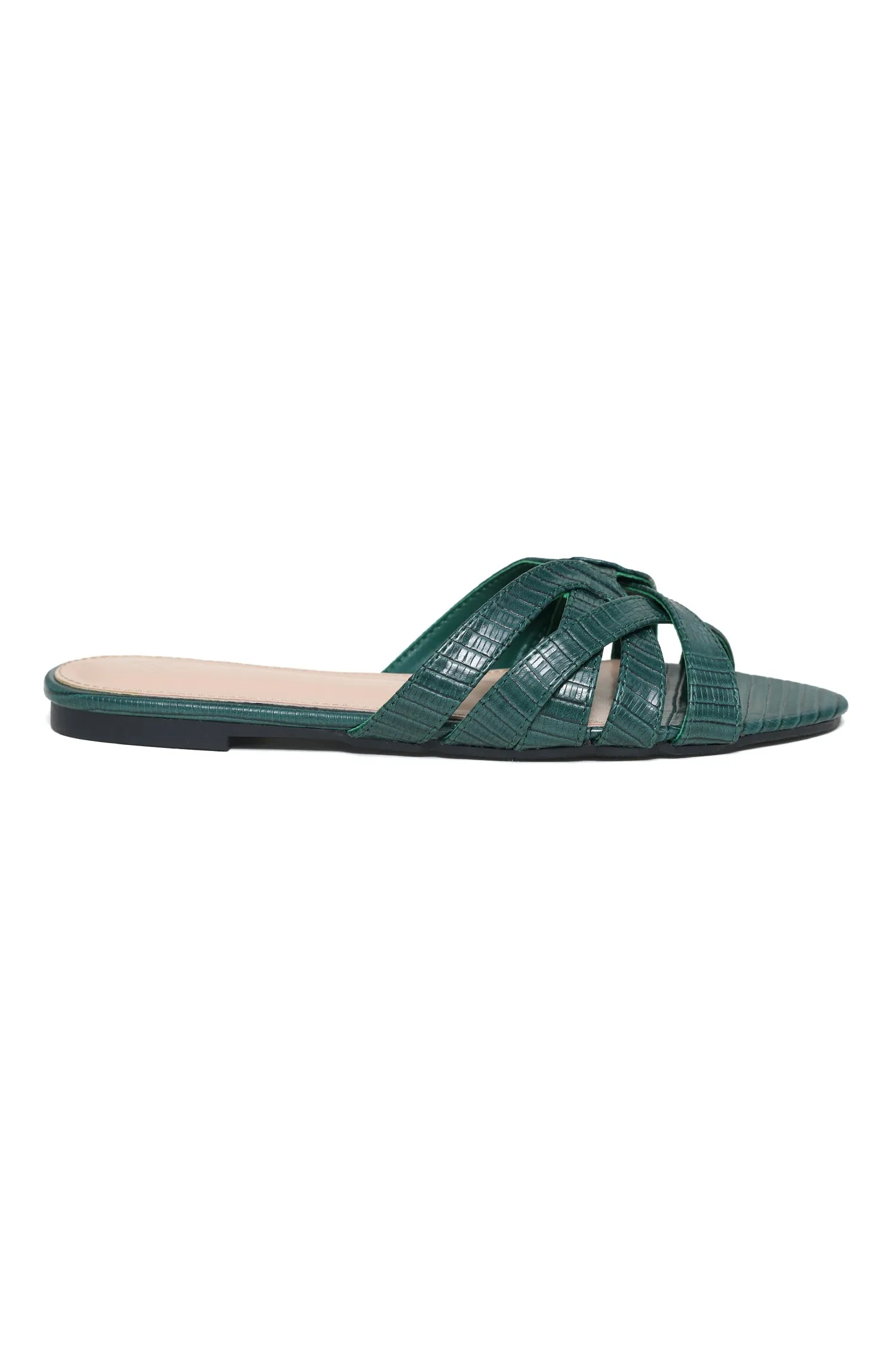 TRENDY TEXTURED CROSS-STRAP SLIDES-GREEN