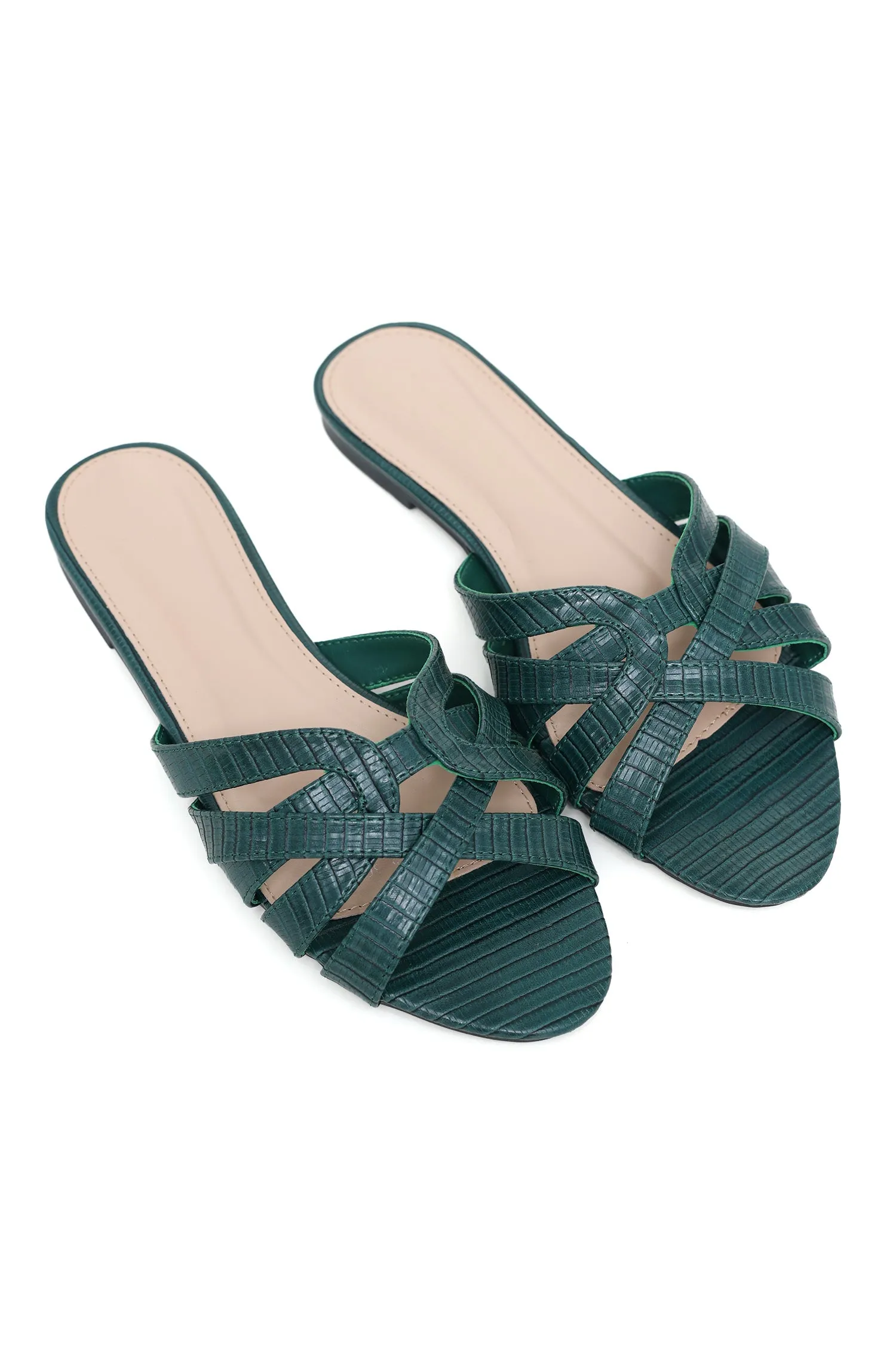 TRENDY TEXTURED CROSS-STRAP SLIDES-GREEN