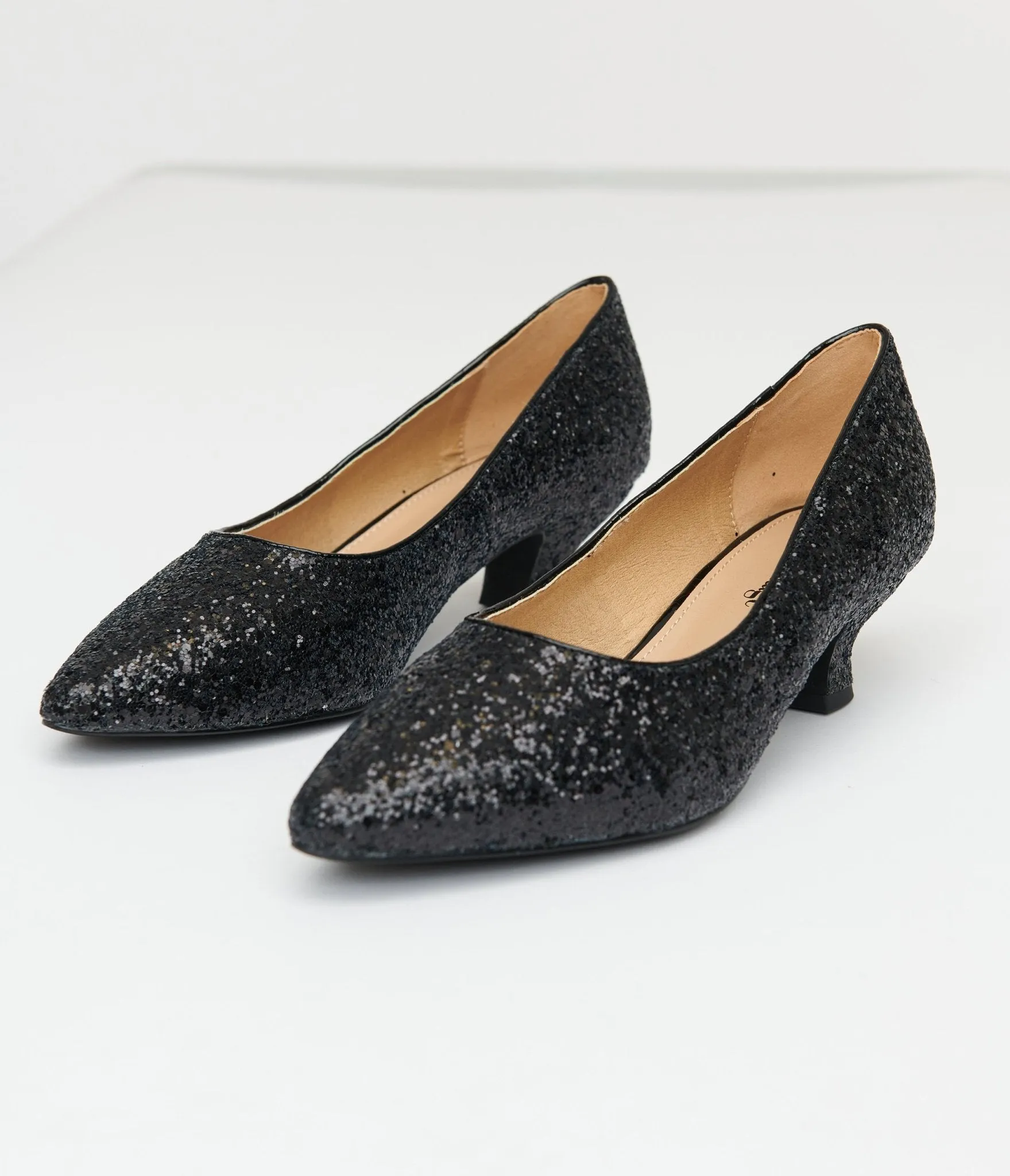 Unique Vintage 1950s Black Sparkle Pointed Kitten Heels