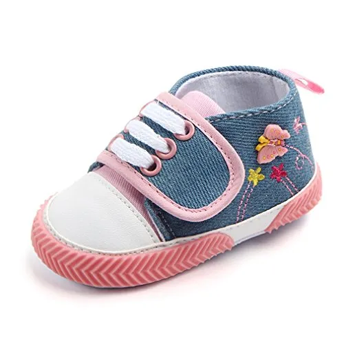 Unisex Baby Boy or Girl Denim Canvas First Walkers Sneakers, Pink and Blue