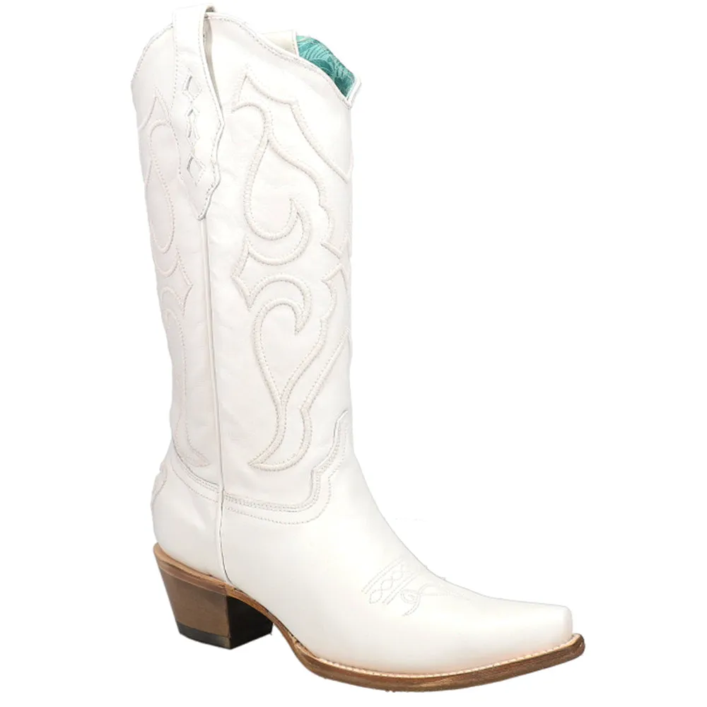 White Embroidered Snip Toe Cowboy Boots