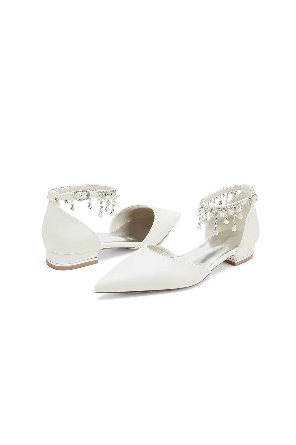 White Pearl Beaded Ankle Strap Pointed Toe Low Heels