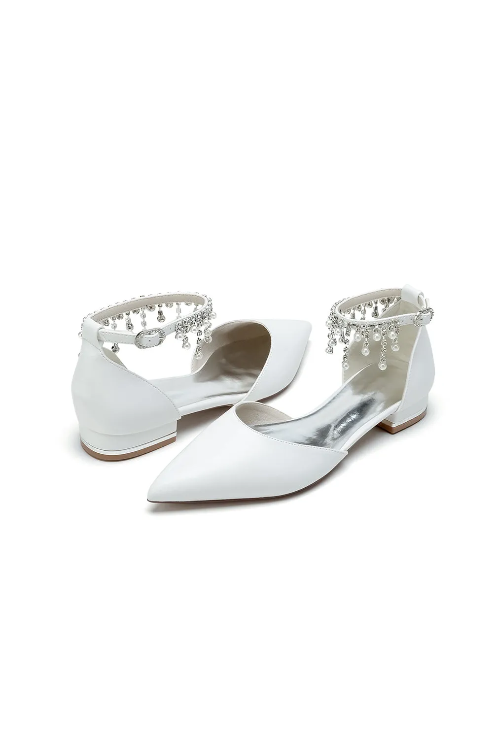 White Pearl Beaded Ankle Strap Pointed Toe Low Heels