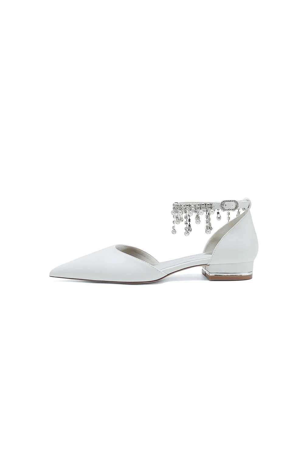 White Pearl Beaded Ankle Strap Pointed Toe Low Heels