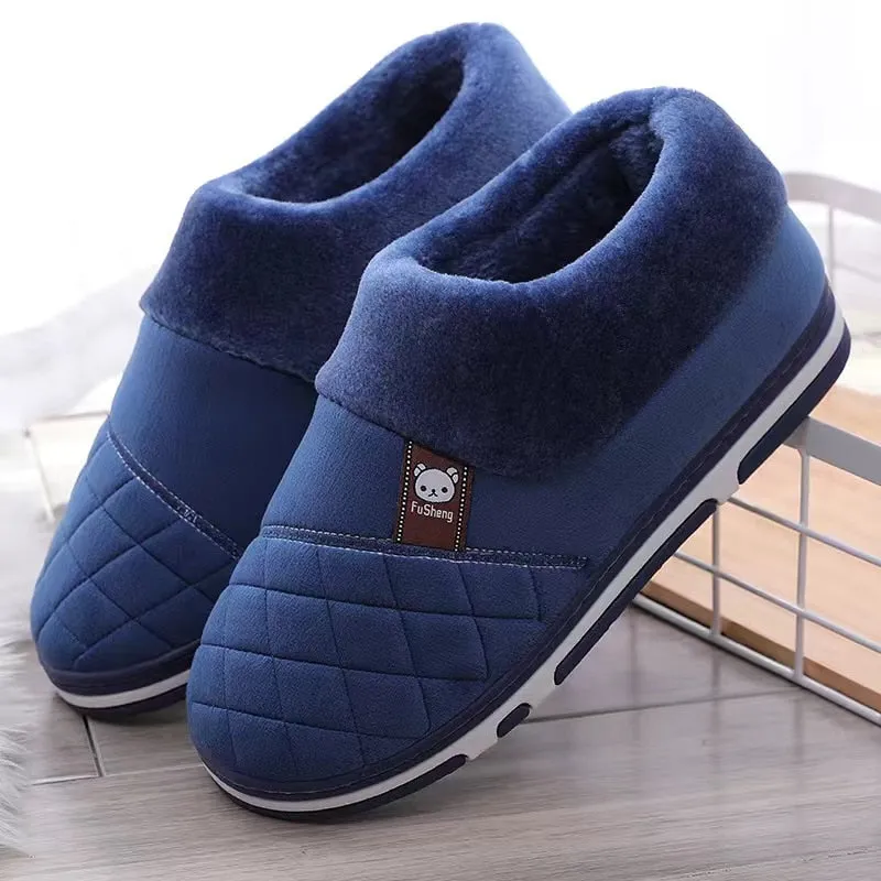 Winter Warm Men's Slippers: Indoor Soft Cotton Fabric Shoes with Gingham Design