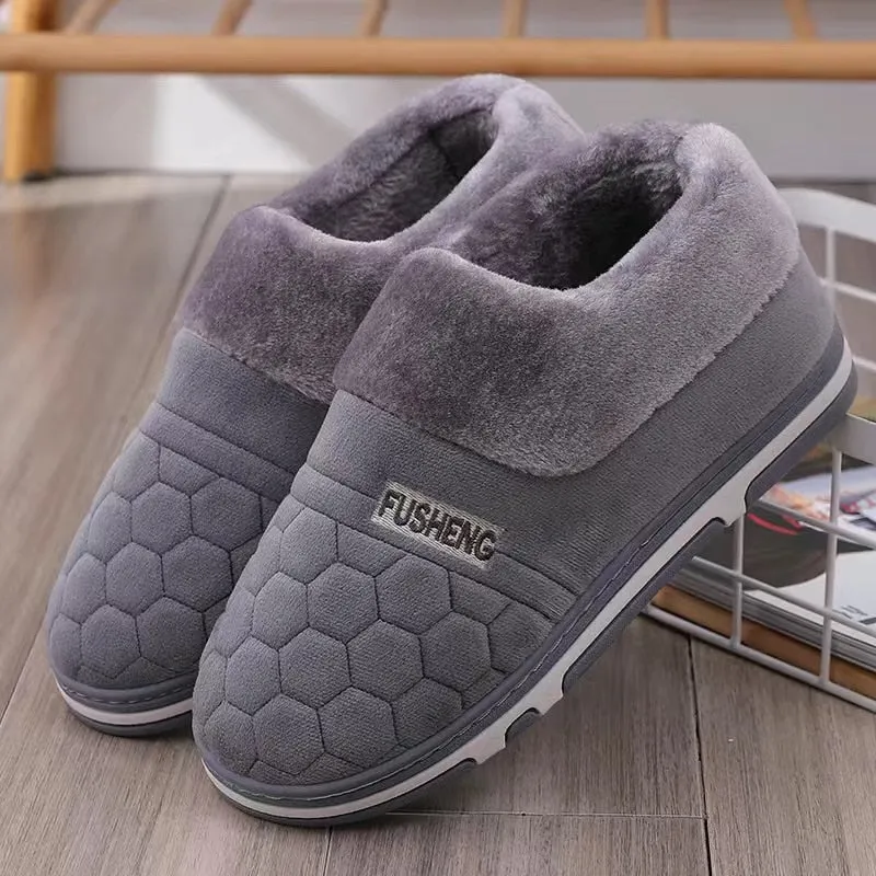 Winter Warm Men's Slippers: Indoor Soft Cotton Fabric Shoes with Gingham Design