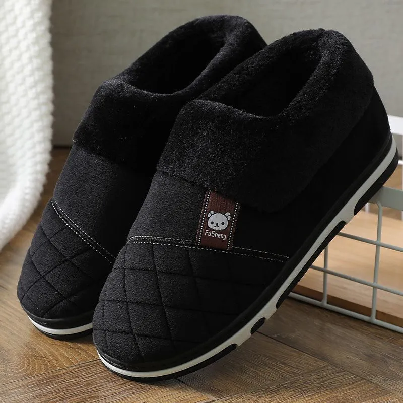 Winter Warm Men's Slippers: Indoor Soft Cotton Fabric Shoes with Gingham Design