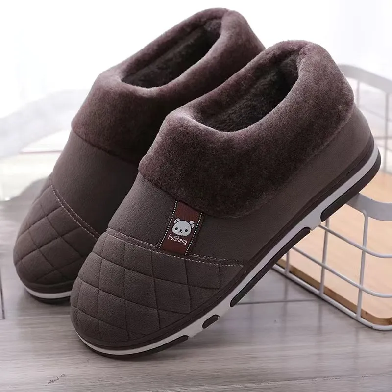 Winter Warm Men's Slippers: Indoor Soft Cotton Fabric Shoes with Gingham Design