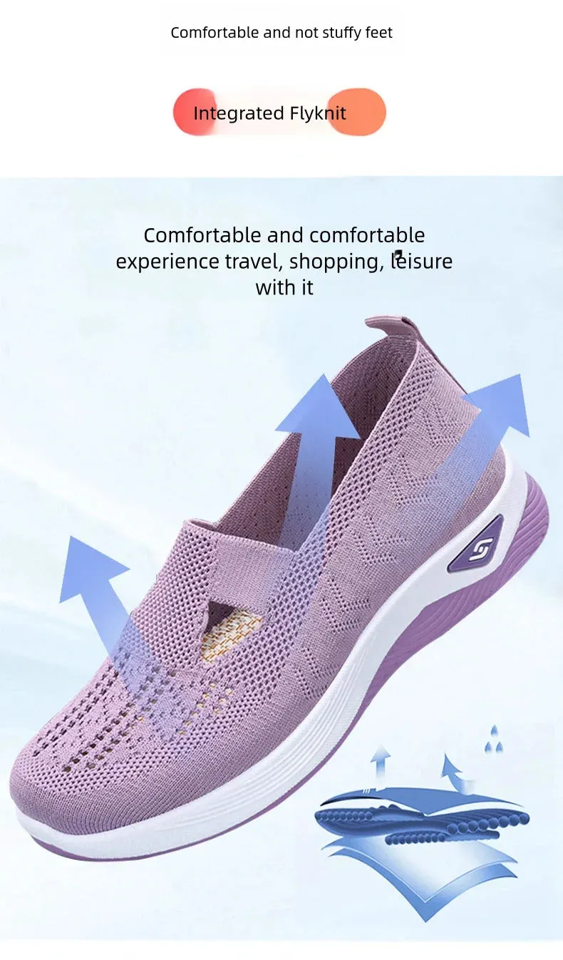 Women's Solid Color Breathable Sneakers, Soft Sole Lightweight Slip On Walking Shoes, Low-top Knitted Casual Shoes