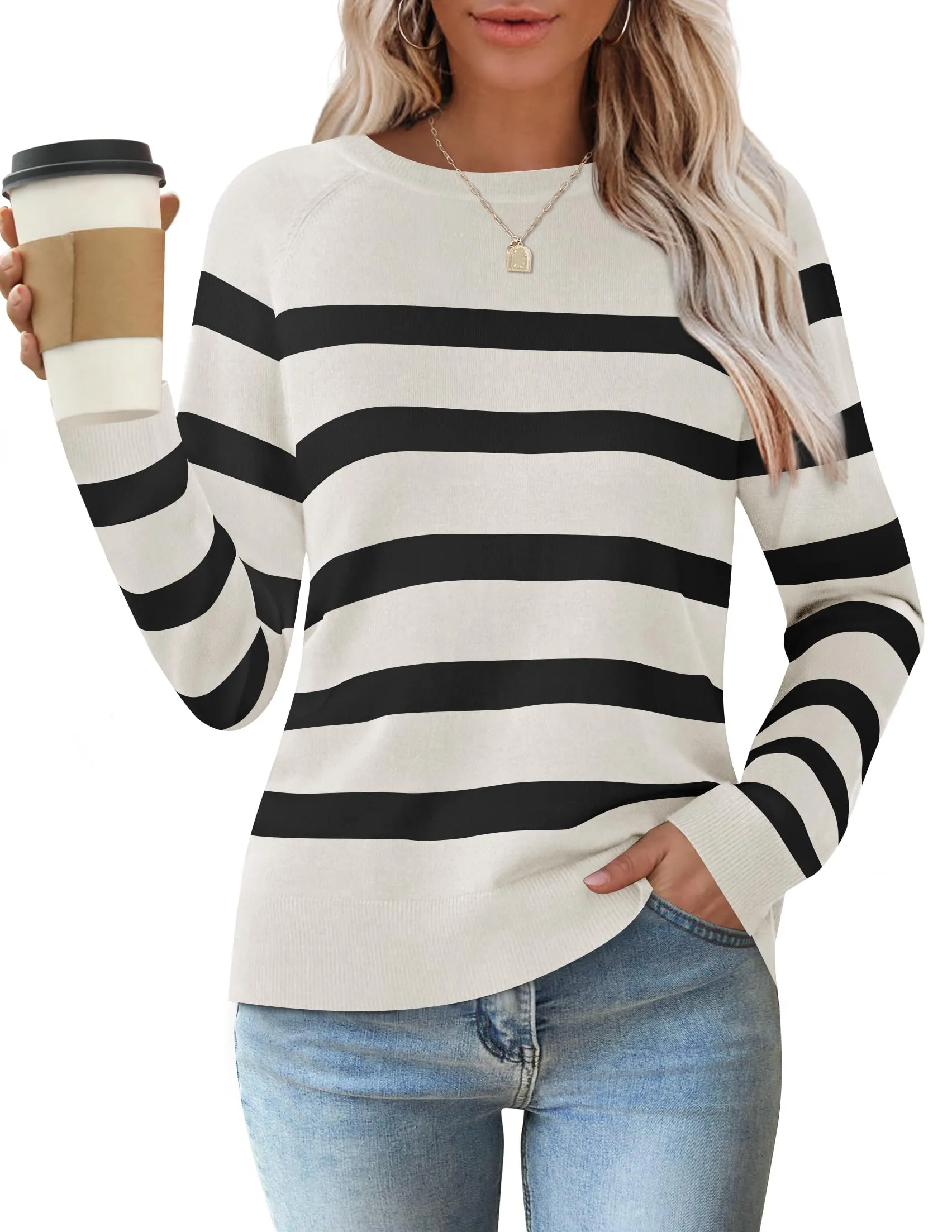 ZESICA Lightweight Striped Crewneck Ribbed Knit Shirts